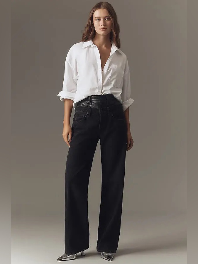 Nwt Agolde Elson Double Waist Wide Leg Baggy Fit Leather Jeans Black 25 $545